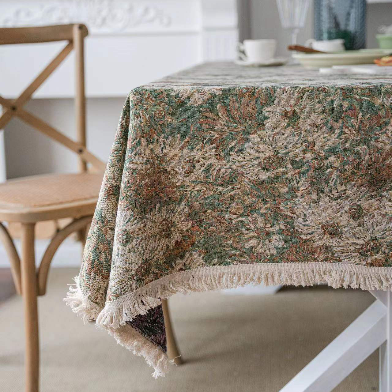 テーブルクロス 熱帯植物柄ジャガード織り房飾り付きテーブルクロス布