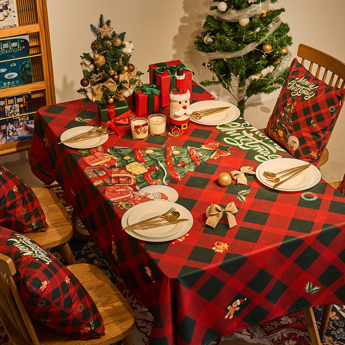 聖夜を彩る格子柄テーブルクロス布