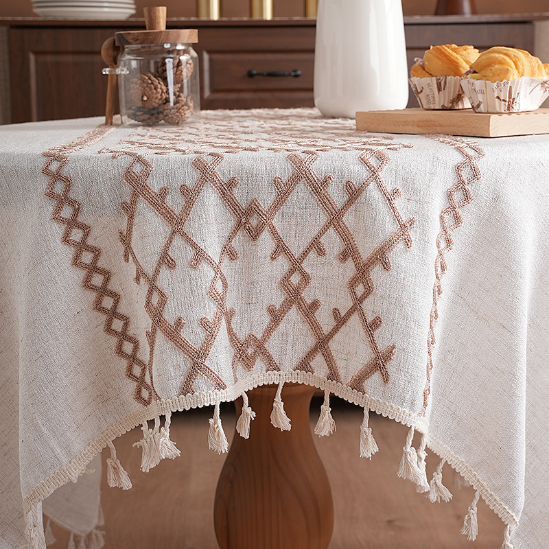 テーブルクロス タッセル付き幾何学刺繍のテーブルクロス布