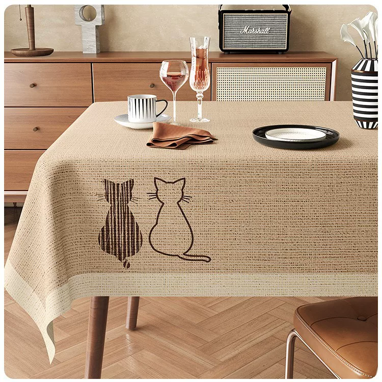 テーブルクロス 愛らしい動物プリント入りナチュラルリネンテーブル