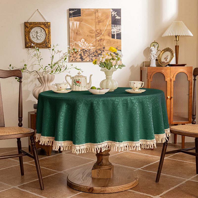 テーブルクロス 幾何学模様ジャカード織りフリンジ付き円形テーブルクロス