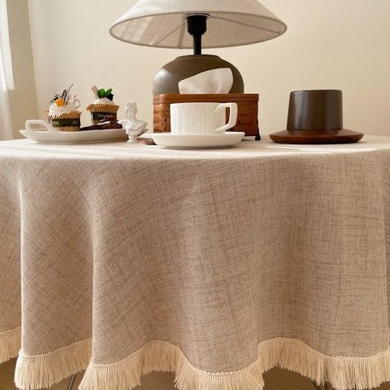 テーブルクロス 裾フリンジ付き円形テーブルクロス布