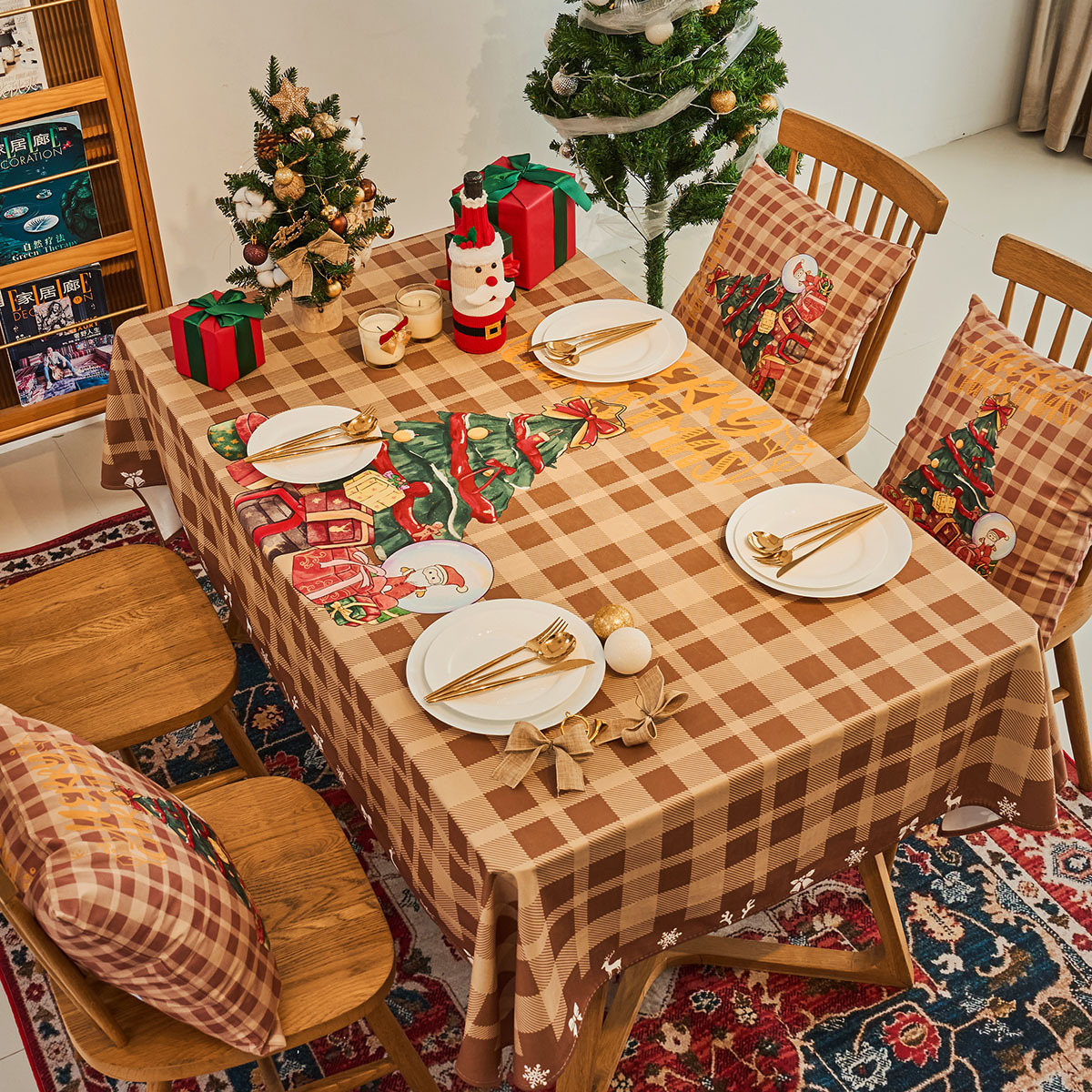聖夜を彩る格子柄テーブルクロス布