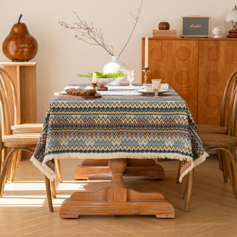 テーブルクロス 民族風ジグザグ模様フリンジ付きテーブルクロス布