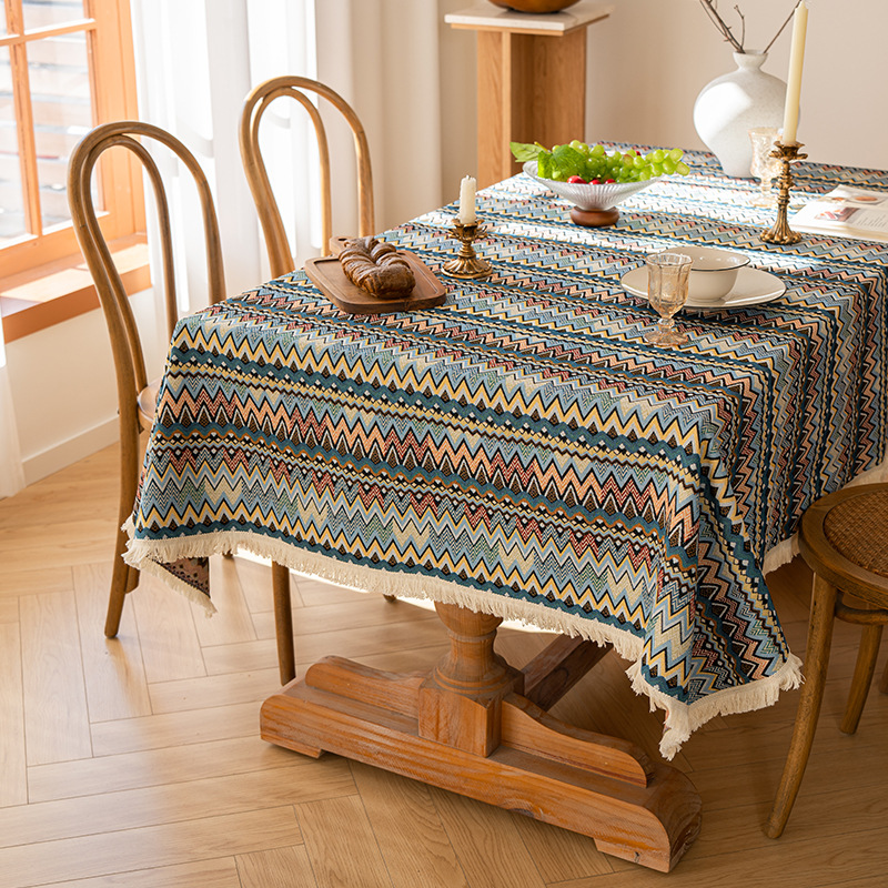 テーブルクロス 民族風ジグザグ模様フリンジ付きテーブルクロス布