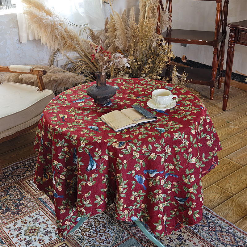 アメリカ　アンティークリネン　146x190㌢　テーブルクロス 鳥　レトロ テーブルクロス 小鳥と草花の刺繍風テーブルクロス用布 布|テーブル