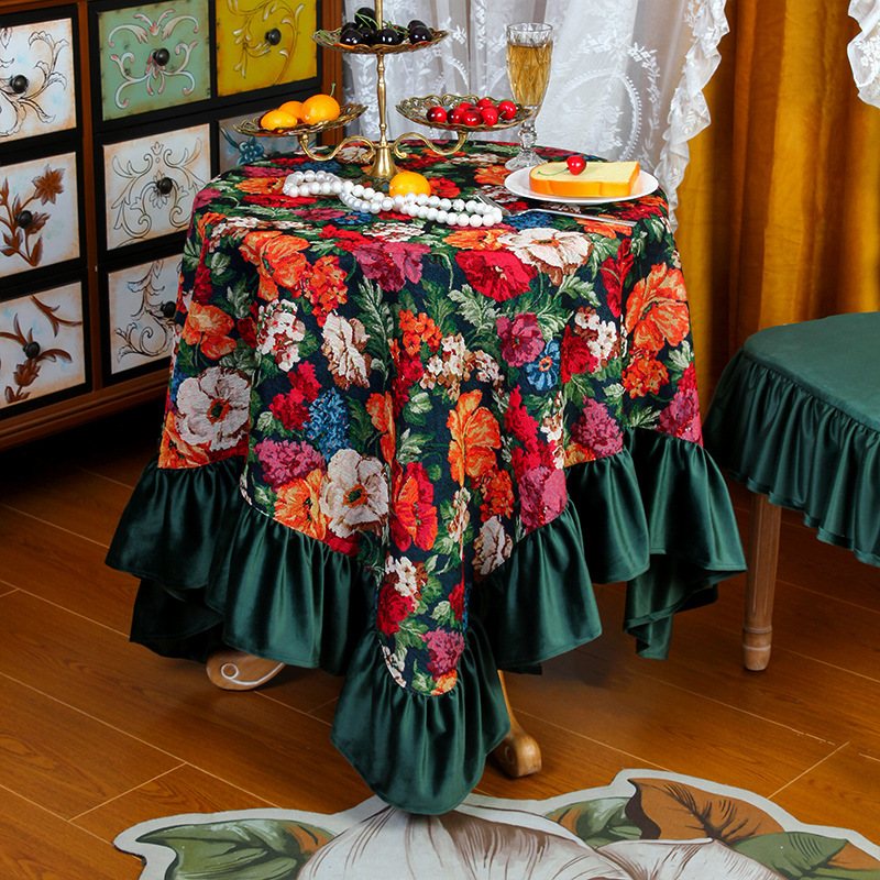 テーブルクロス 華やかな花柄プリント贅沢フリル付きテーブルクロス 布