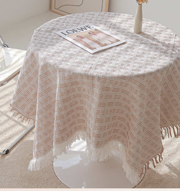 テーブルクロス ワッフル織りフリンジ付き円形テーブルクロス
