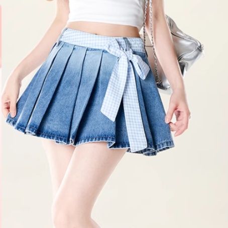 キュロットスカート キュロットスカート 格子柄リボン付きプリーツキュロット