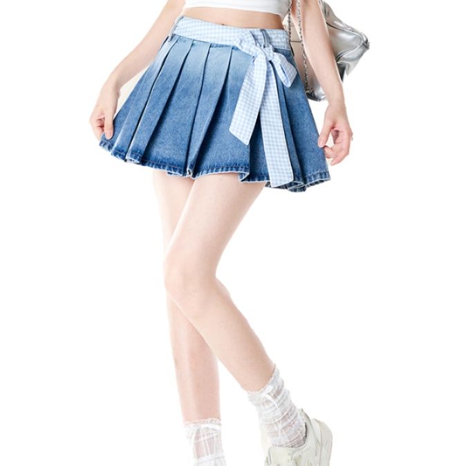 キュロットスカート キュロットスカート 格子柄リボン付きプリーツキュロット