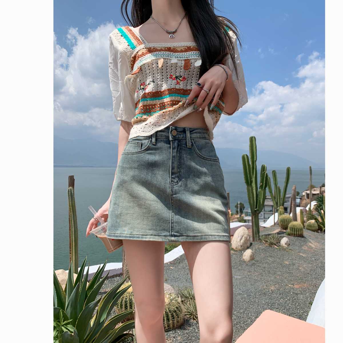 キュロットスカート すっきりシルエット ミニデニムスカート