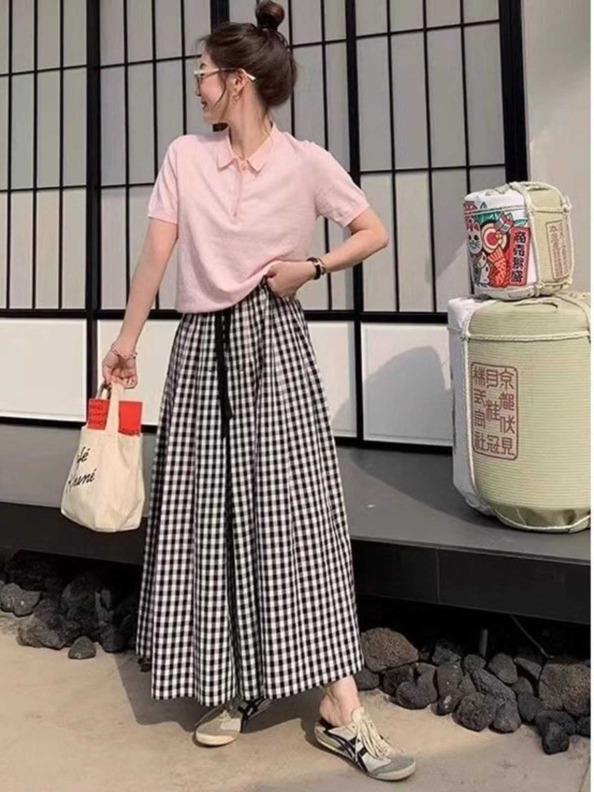 キュロットスカート キュロットスカート 古典格子柄ゆったりキュロット