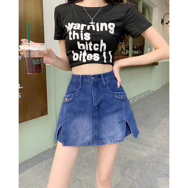 キュロットスカート デニム生地スリット入りキュロットスカートミニ丈