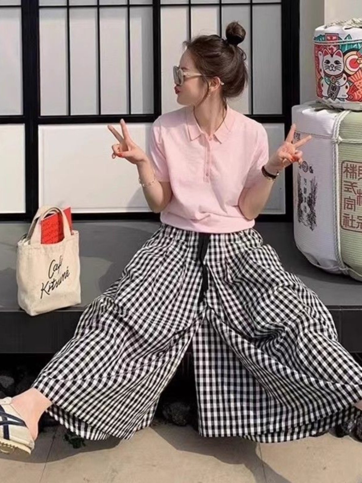 キュロットスカート キュロットスカート 古典格子柄ゆったりキュロット