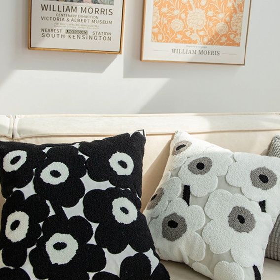 クッションカバー 北欧風大輪の花柄刺繍クッション