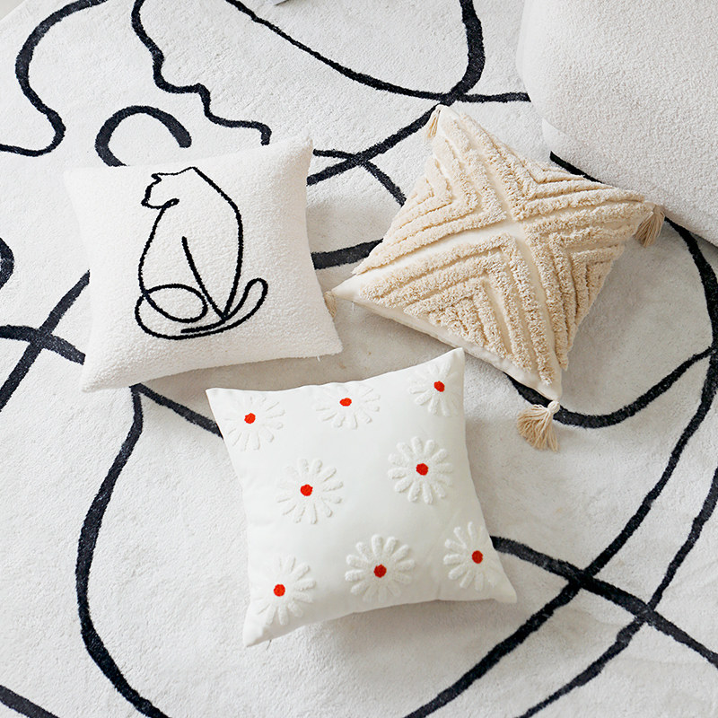 クッションカバー 猫と花のアート刺繍クッション三点組