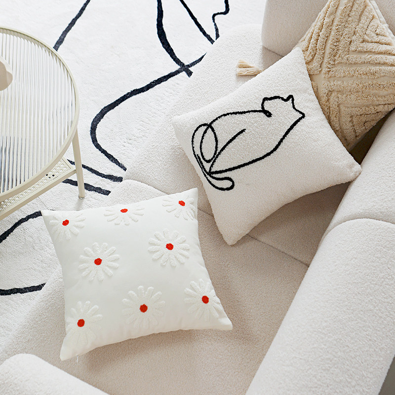 クッションカバー 猫と花のアート刺繍クッション三点組