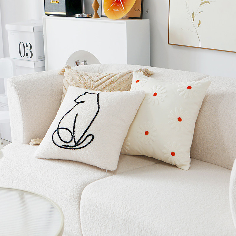 クッションカバー 猫と花のアート刺繍クッション三点組