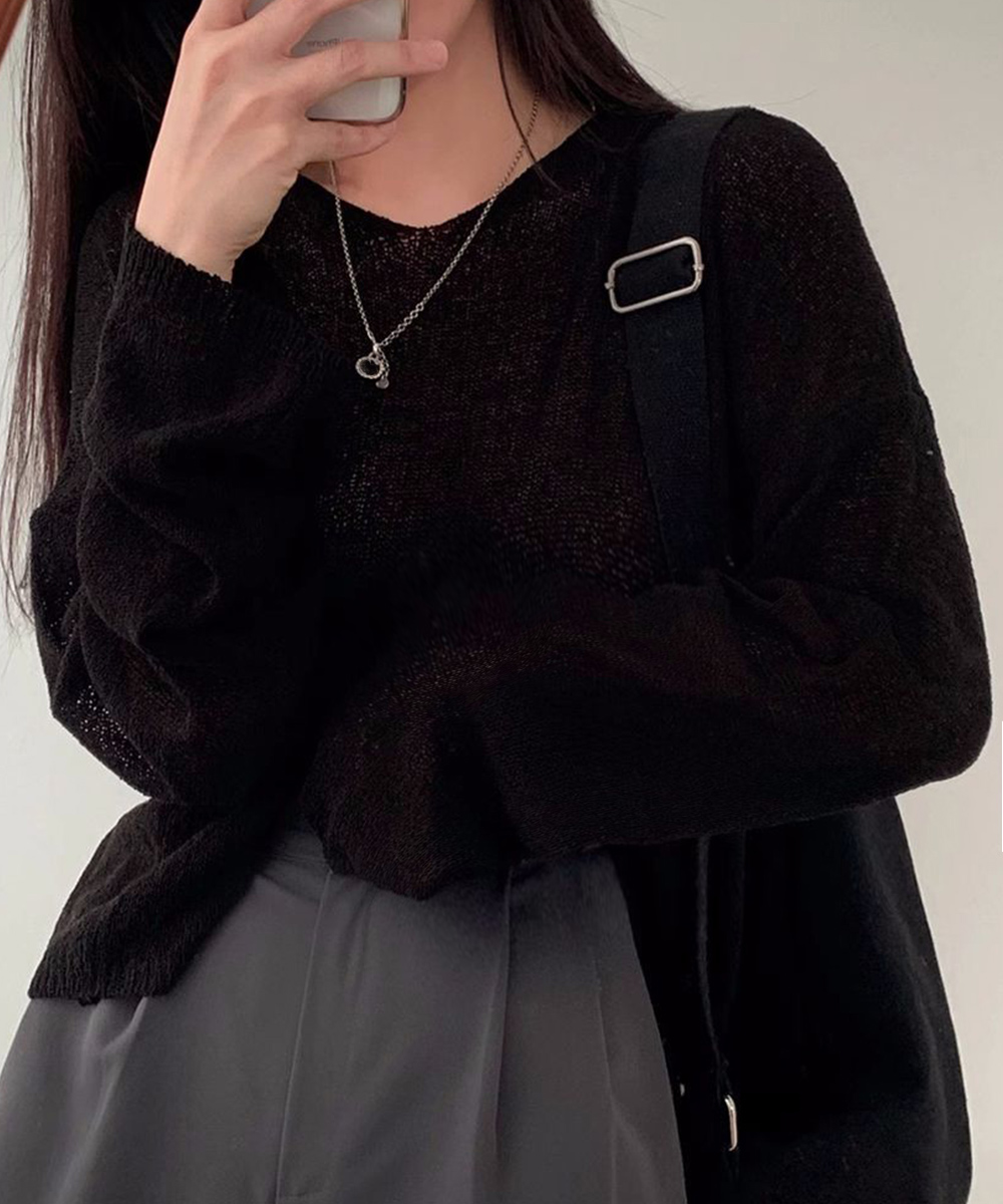 透け感ニット長袖トップス ブイネック春夏カットソー