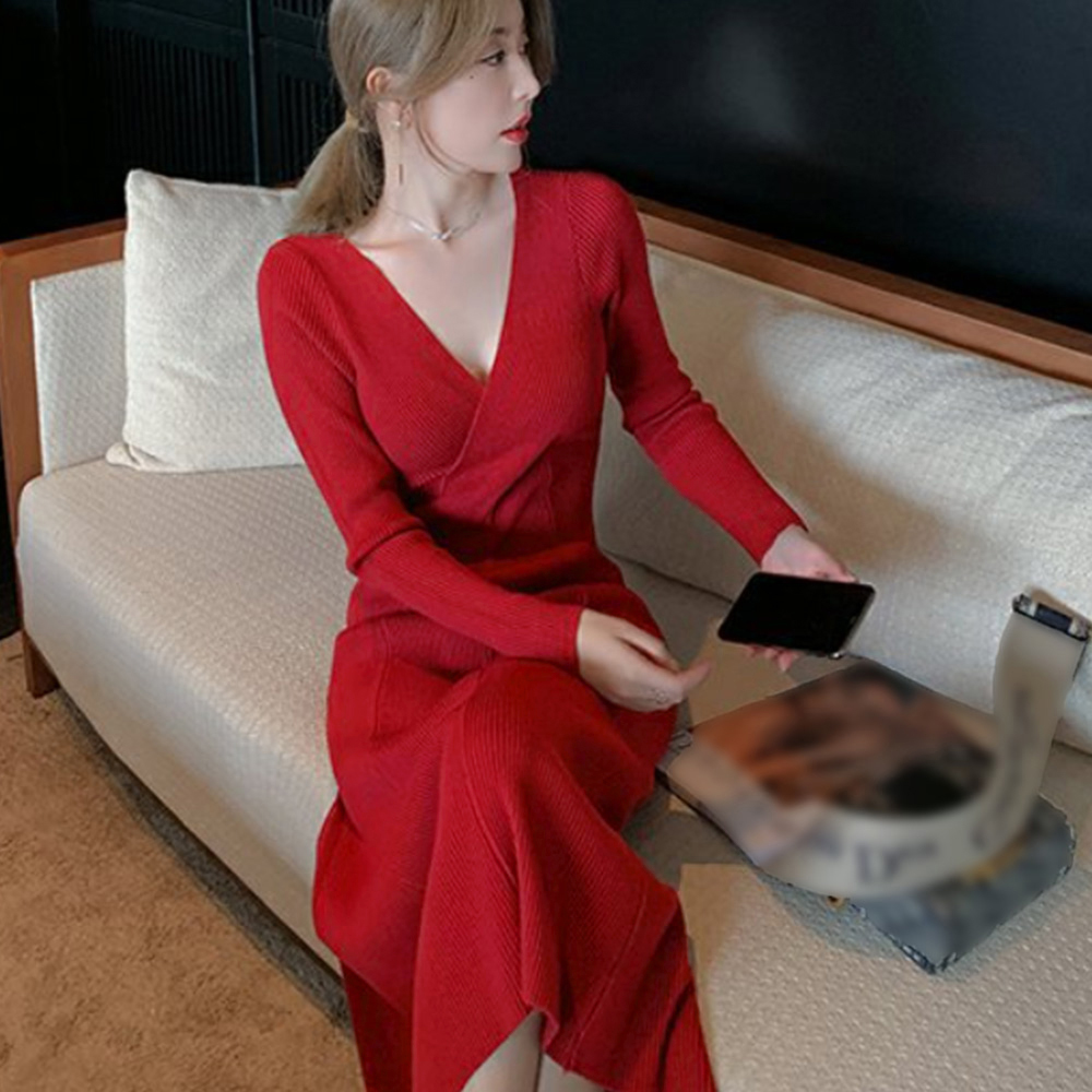 カットソー Vネック ニットワンピース ロング丈 レディース