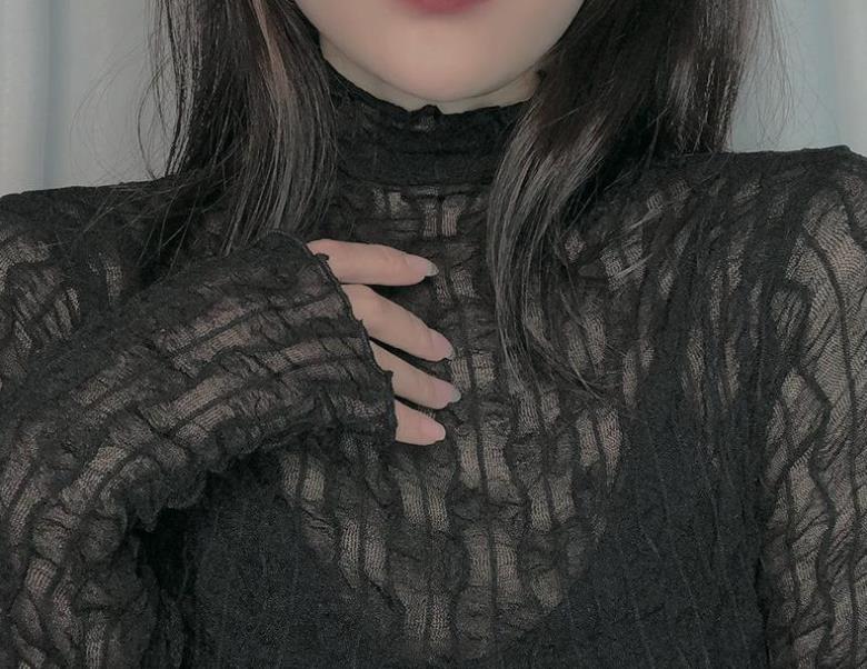 レース編みタートルネック長袖カットソー 伸縮性抜群の柔らか素材