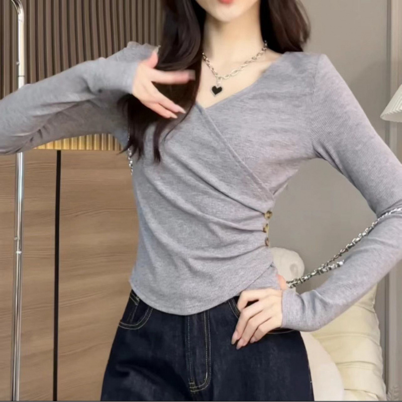 カットソー きれいめラップ風Vネックカットソー