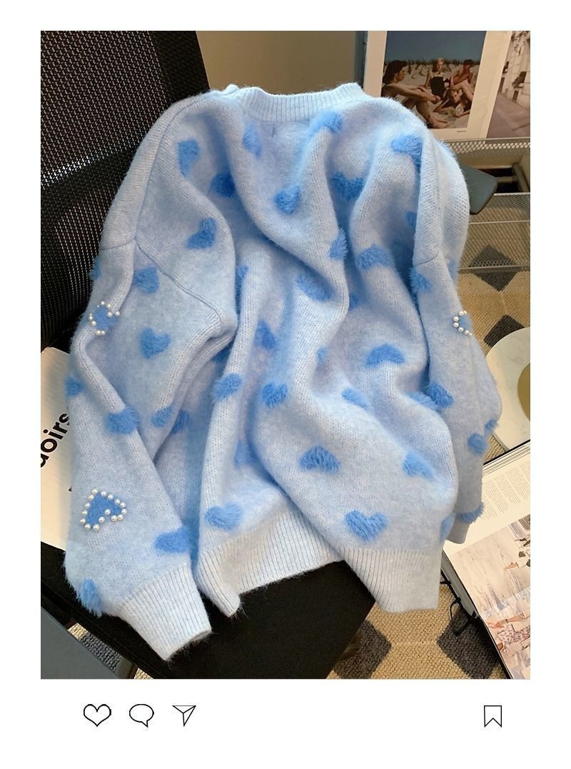 カットソー パール装飾長袖ニットセーター丸首可愛い韓国風4色展開