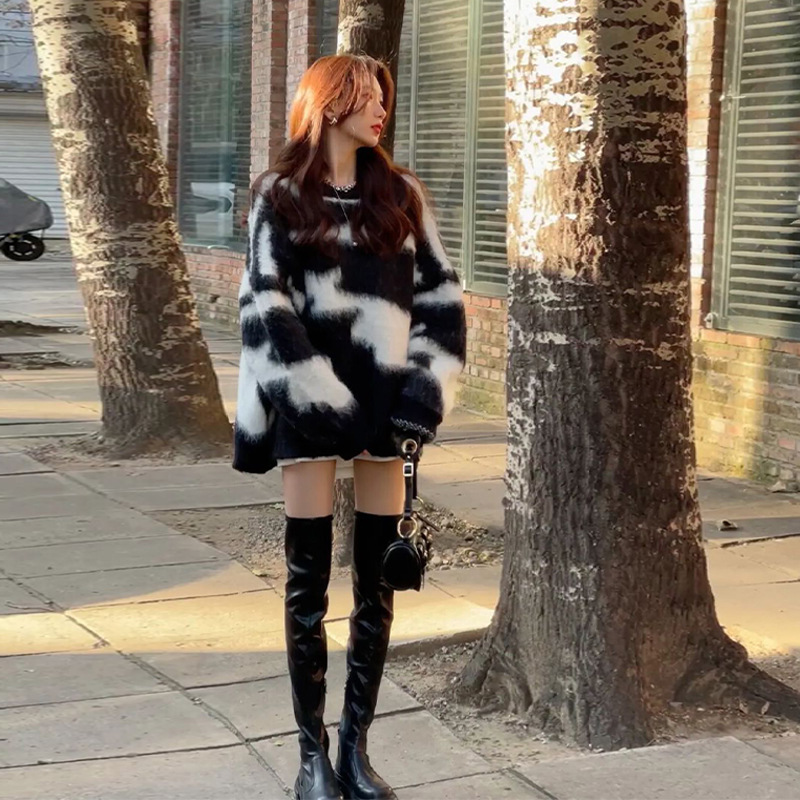 カットソー 韓国風モノトーン長袖ニットセーター