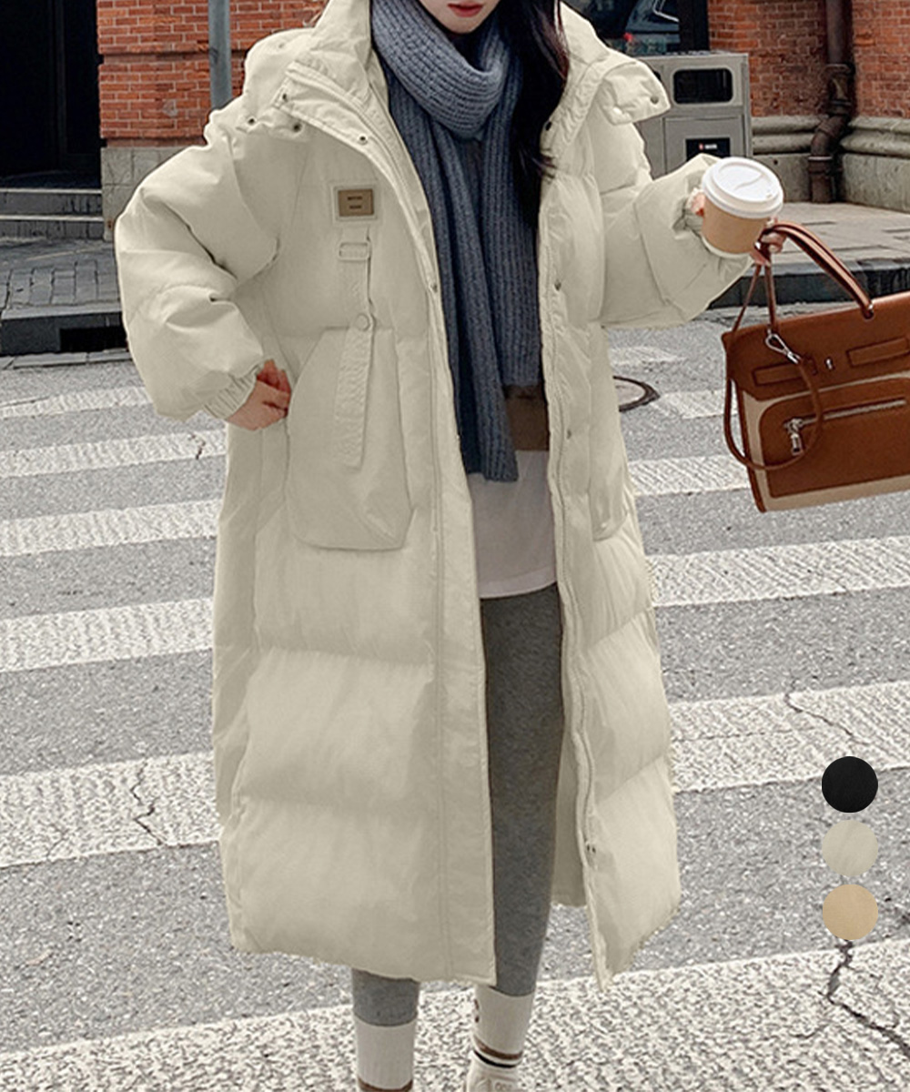 カットソー 長袖フード付き中綿入りロングコート防寒軽量