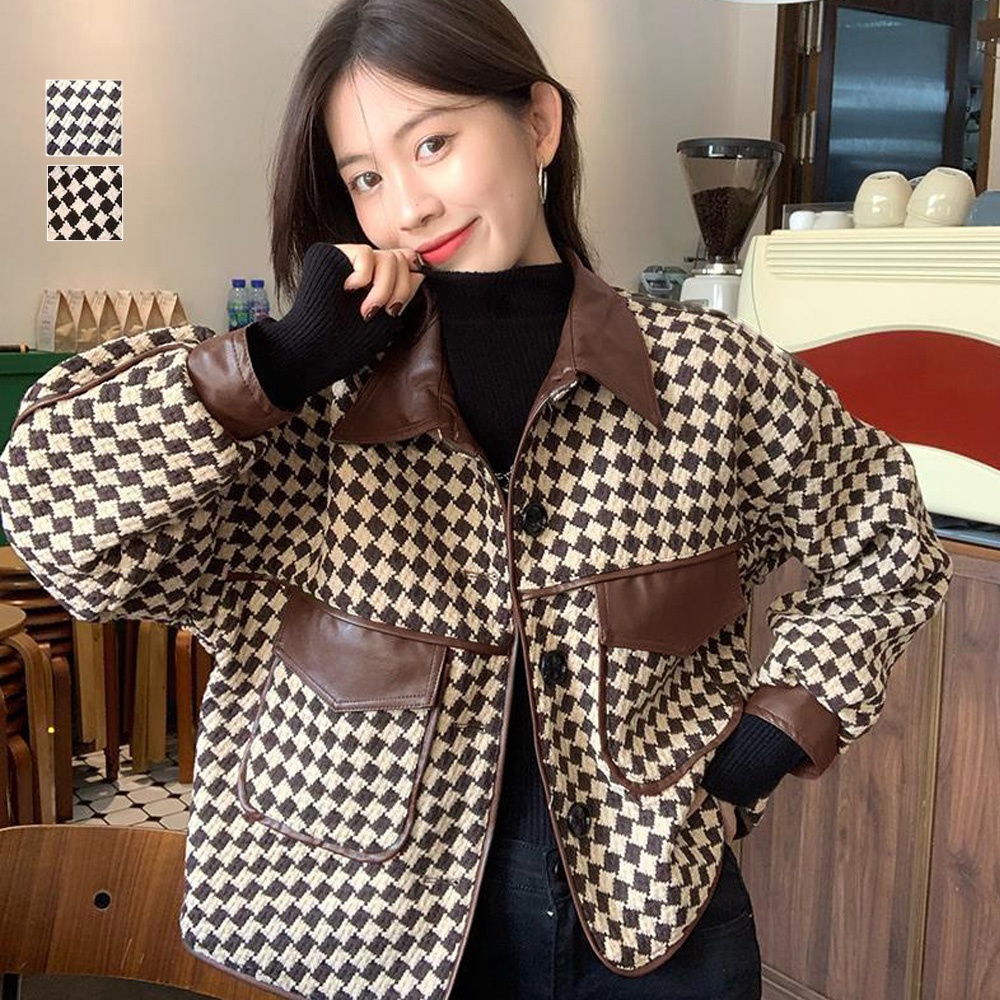 カットソー チェック柄長袖ジャケット韓国風ショート丈