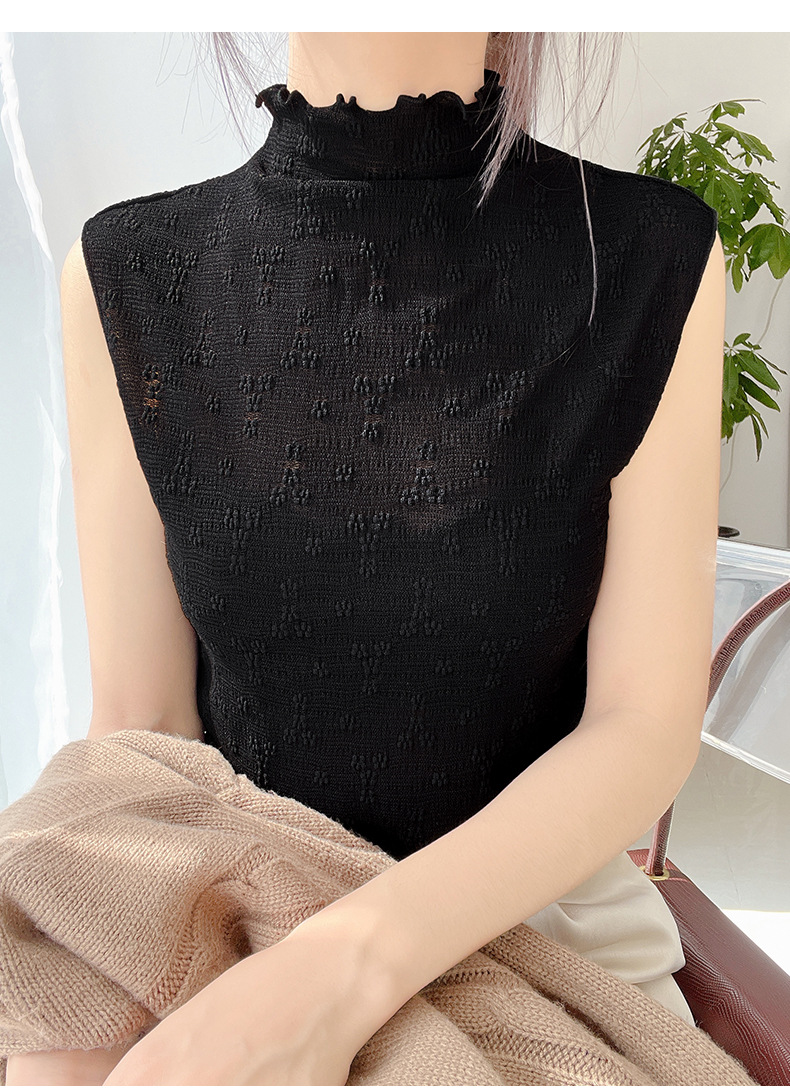 透け感ハイネック花柄重ね着用カットソー