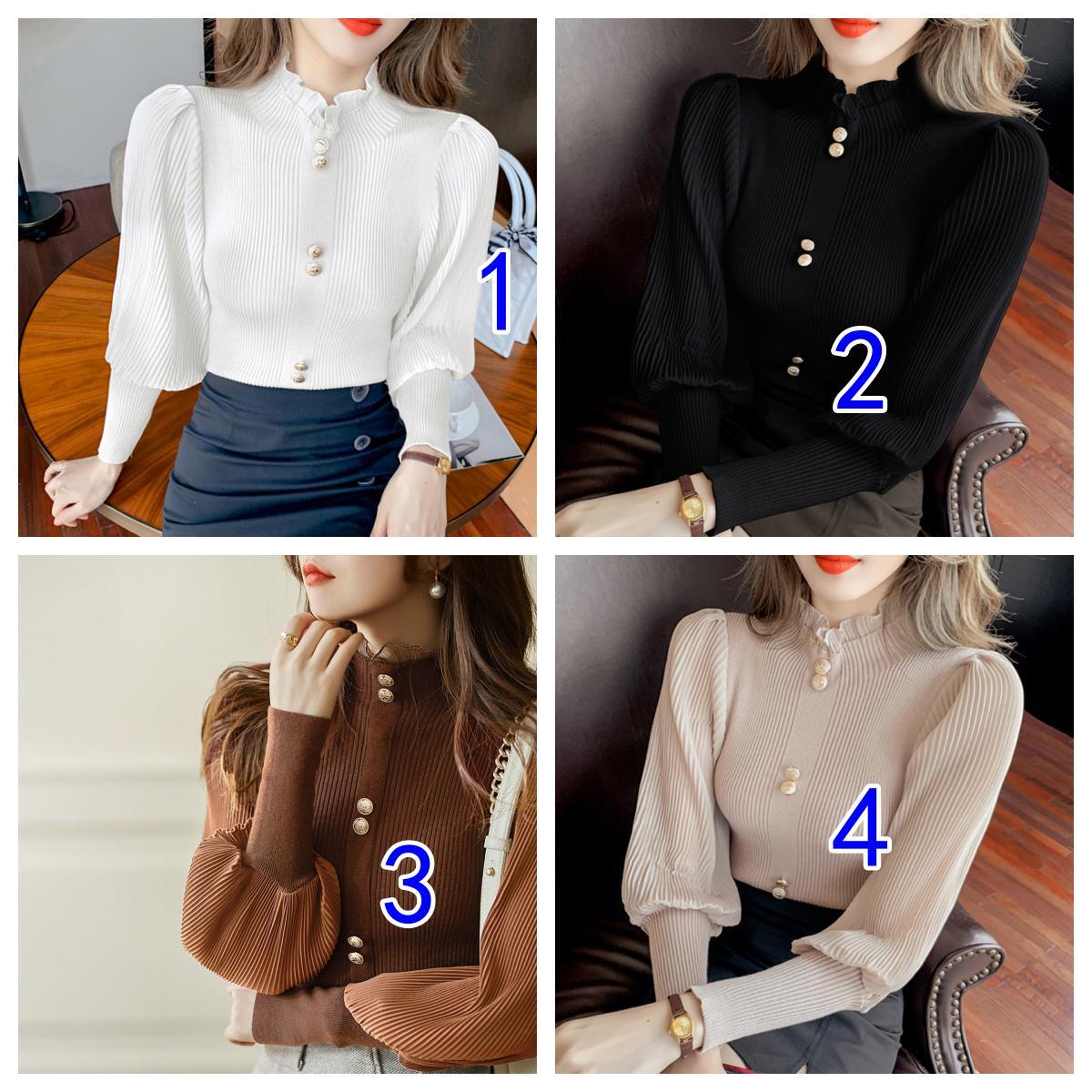 カットソー レディース ハイネック リブニット 金ボタン付き 長袖セーター