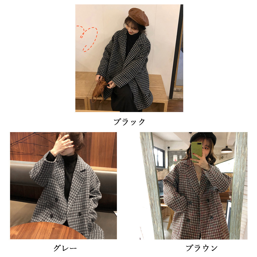 カットソー チェック柄長袖テーラードコート ゆったりシルエット