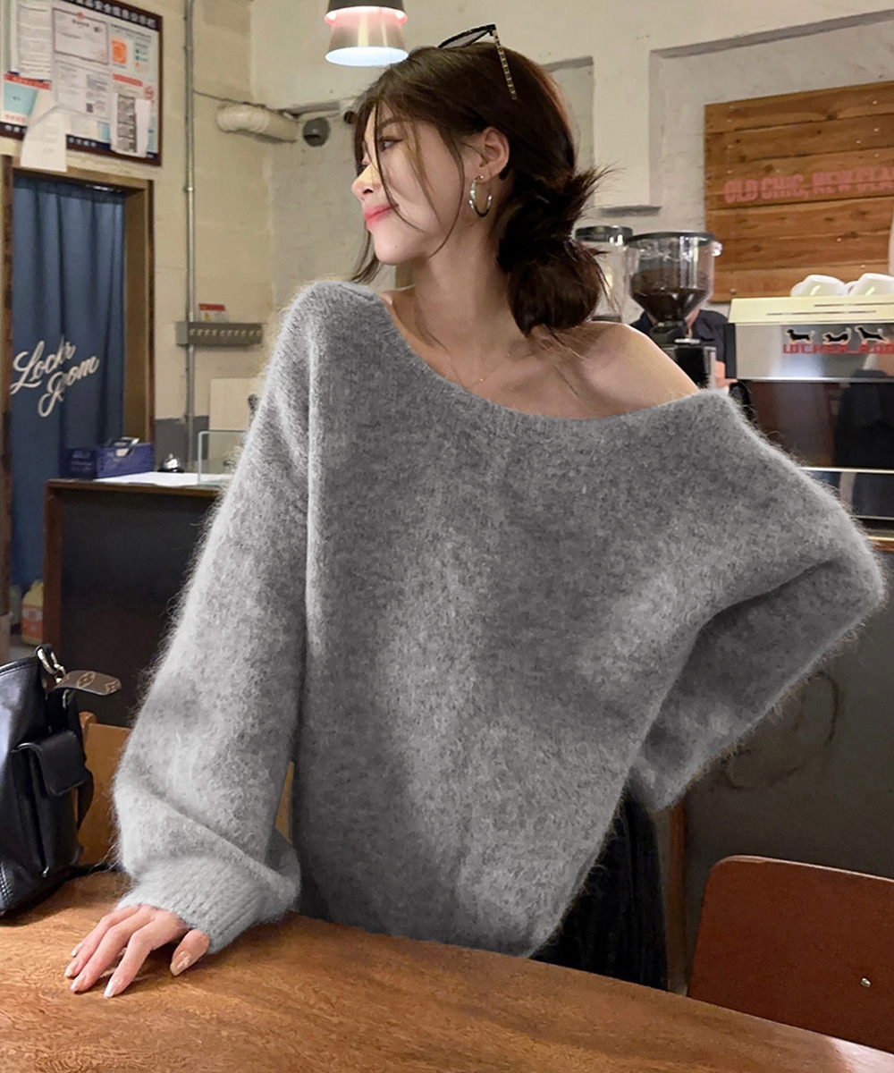 カットソー ボートネック背中開きリボンニットトップス