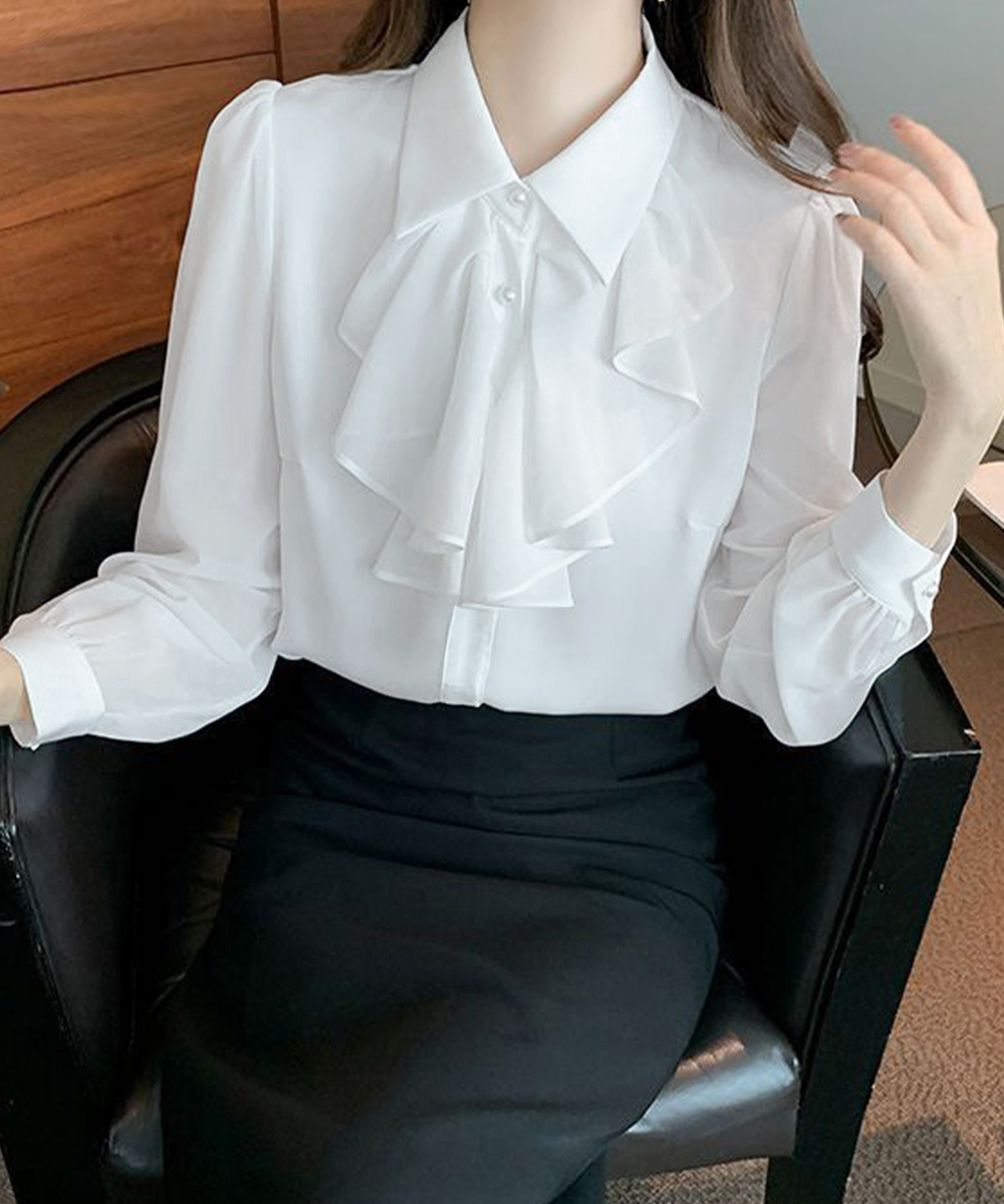 カットソー フリルリボン長袖ブラウス白シャツ