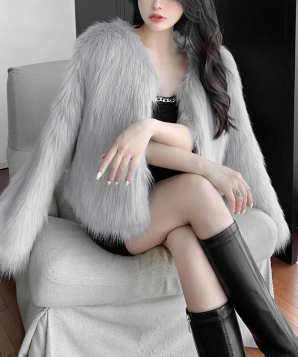 カットソー 長袖エコファーコート もこもこ秋冬アウター