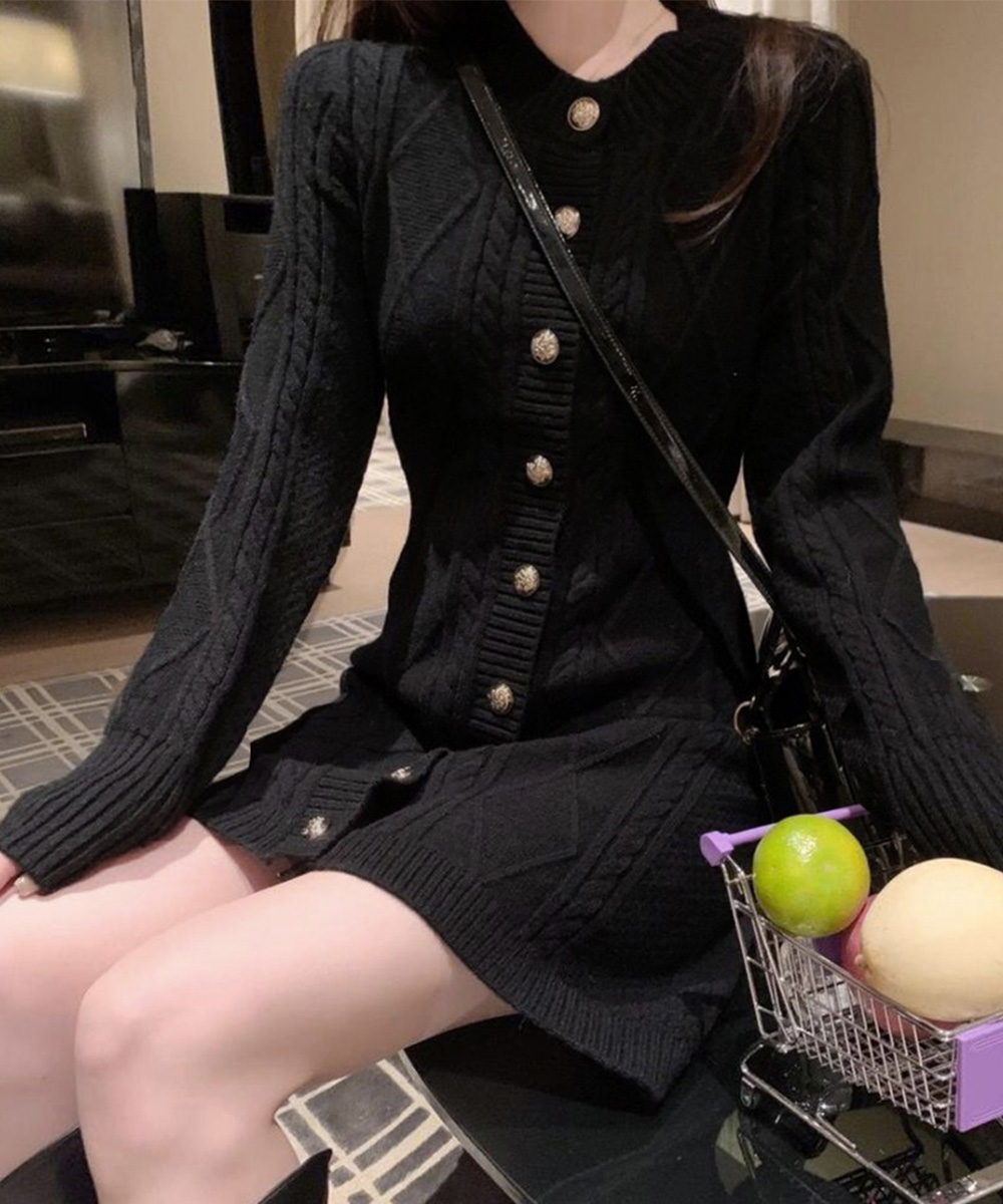 カットソー 長袖ケーブル編みニットワンピース ミニ丈上品