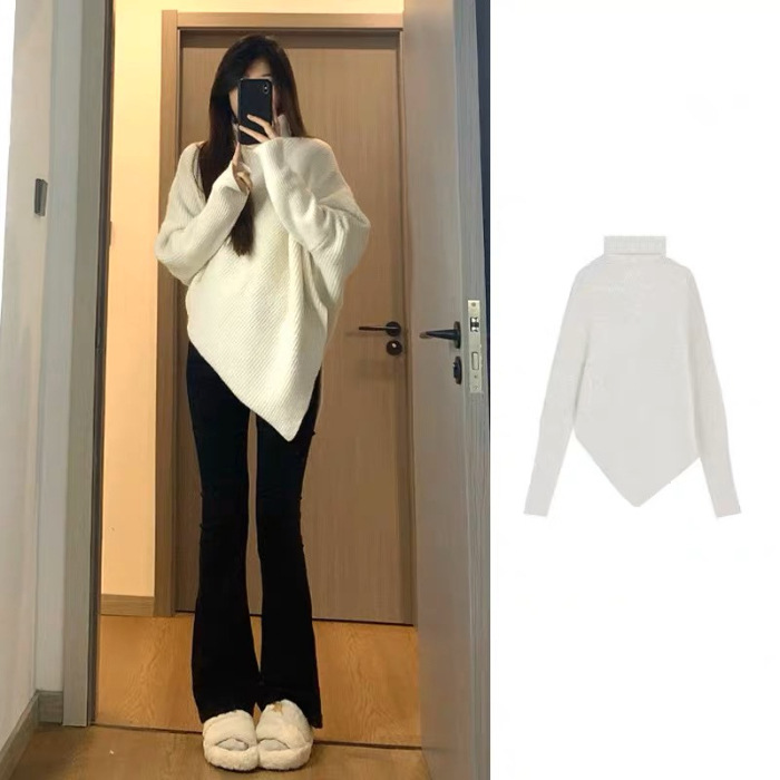 カットソー レディース タートルネック ニット セーター 長袖 アシンメトリー