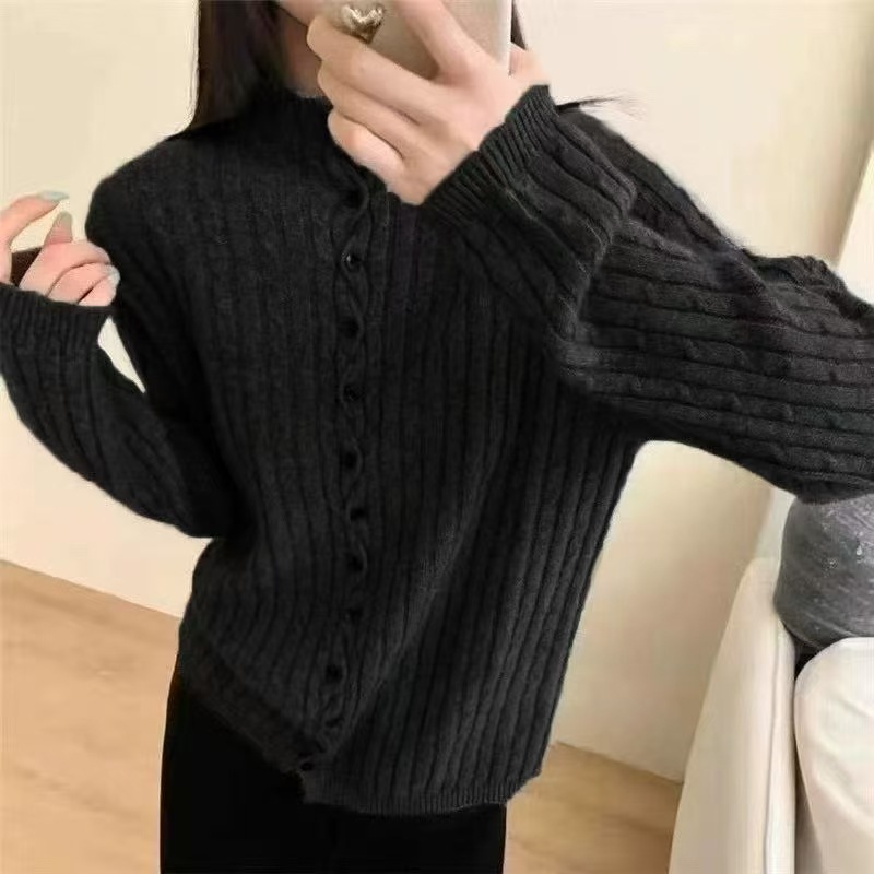 カットソー 2025新作 レディース ハイネック リブニット セーター ボタン付き