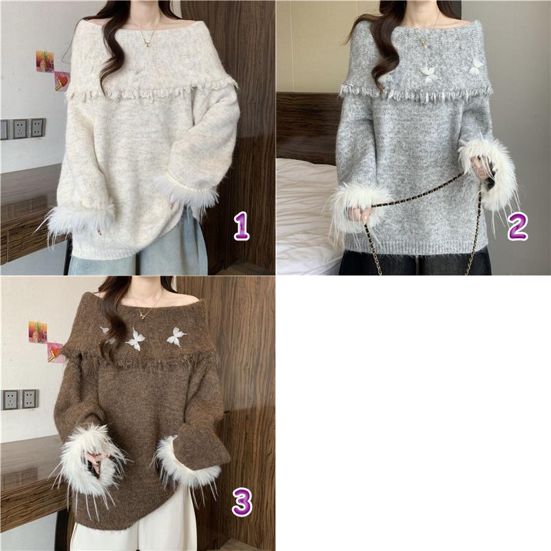 カットソー ボートネック ニットセーター 羽根装飾 ゆったり 韓国風 レディース