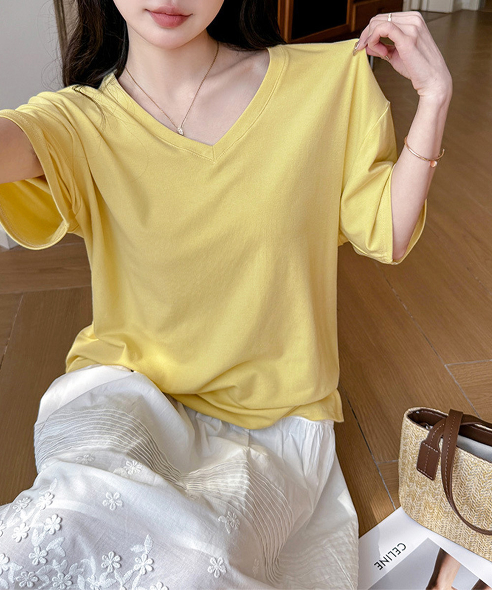 カットソー ゆったりVネック半袖Tシャツ レディース体型カバー