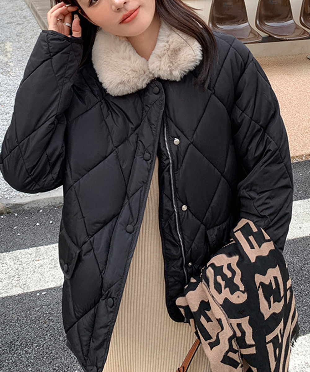 カットソー 長袖ボア襟中綿キルティングジャケット韓国風