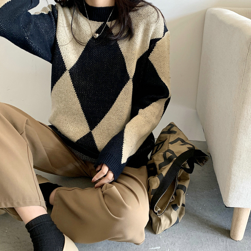カットソー 秋冬新作 レディース ダイヤ柄 長袖 ニット セーター
