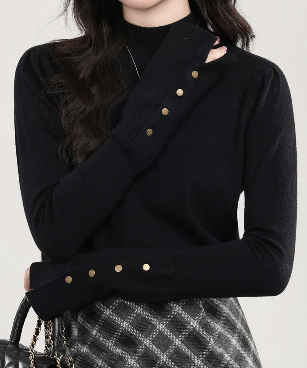 カットソー 袖ボタンハイネックニット長袖重ね着トップス