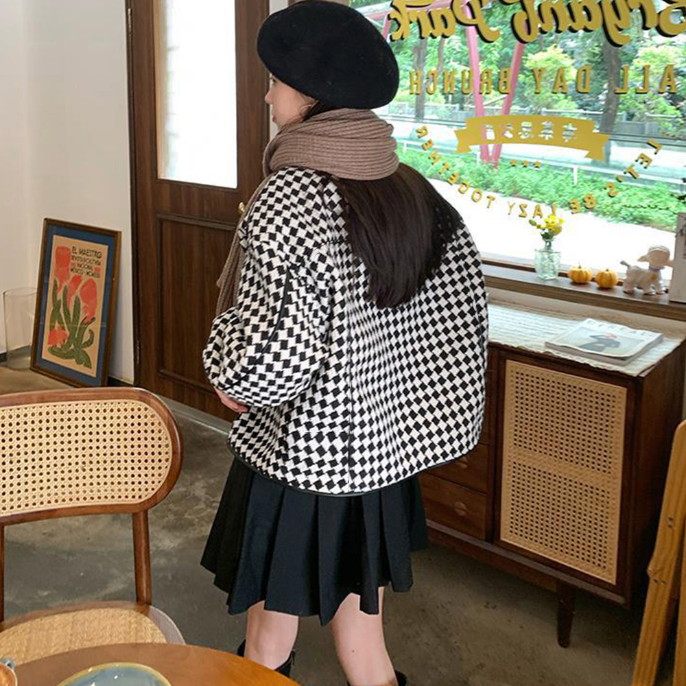 カットソー チェック柄長袖ジャケット韓国風ショート丈