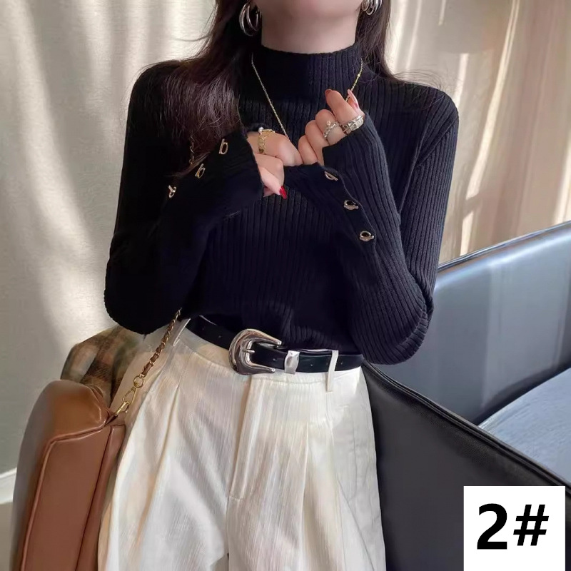 カットソー 2025秋冬新作 金ボタン付き長袖リブセーター 全4色