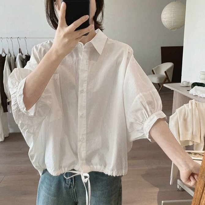 カットソー 女性用長袖シャツブラウス体型カバー着痩せ裾紐デザイン