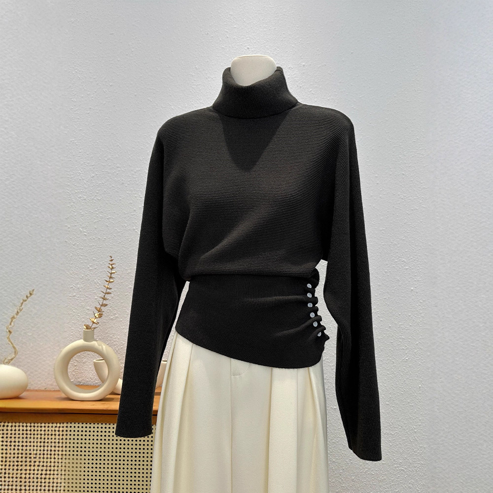 カットソー 韓国風ハイネックニットセーター サイドボタン付き