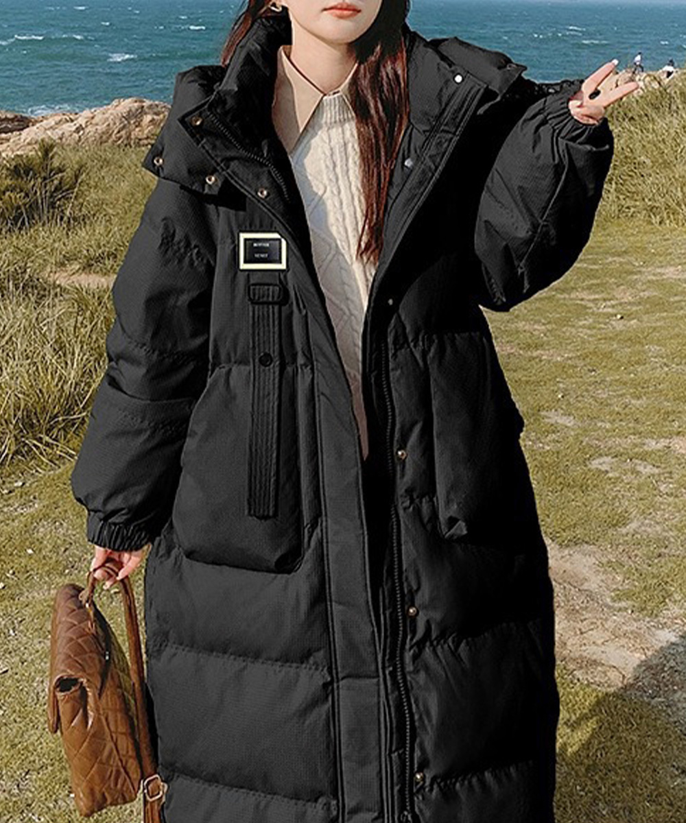 カットソー 長袖フード付き中綿入りロングコート防寒軽量