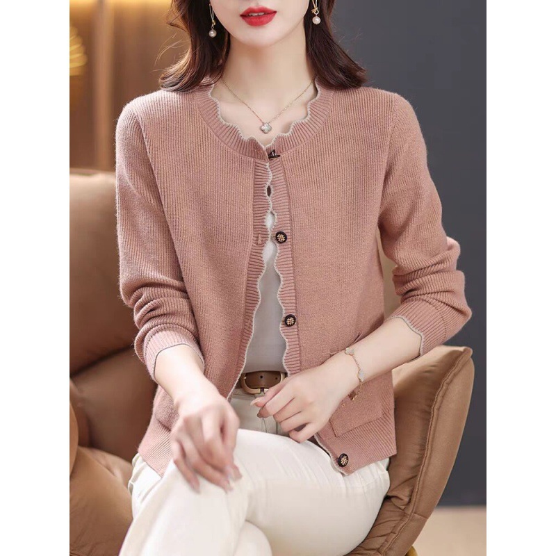 カットソー 波型縁取り前開きニットカーディガン長袖